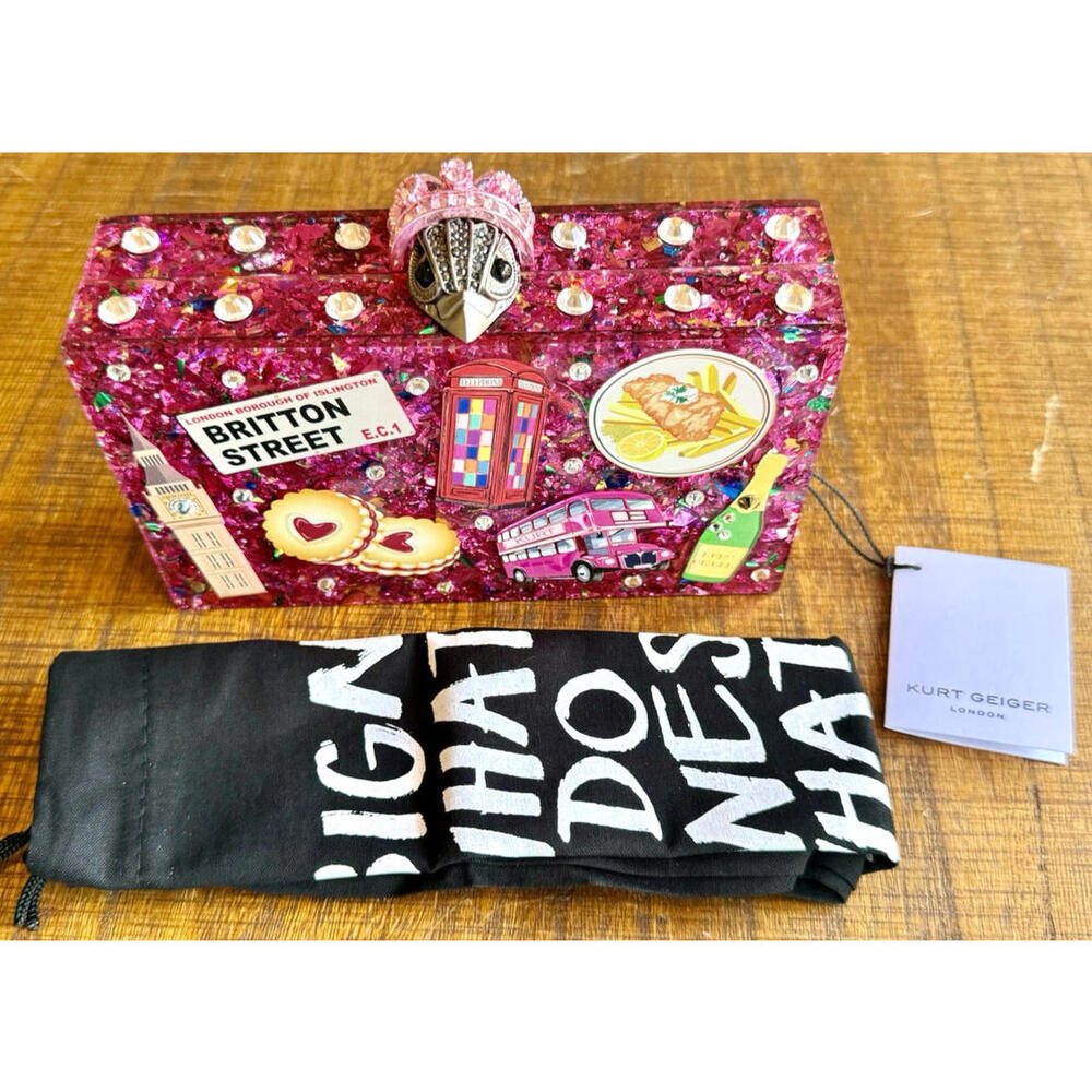 Kurt Geiger London‎ Box Clutch Pink Acrylic Glitter British Icons Pink Crown NWT
